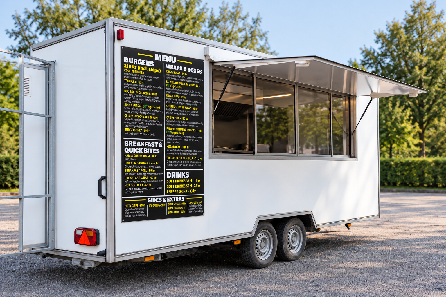 Valmark’s white mobile food trailer with its black and yellow menu board beside the serving hatch, digitally enhanced from supplied photographs